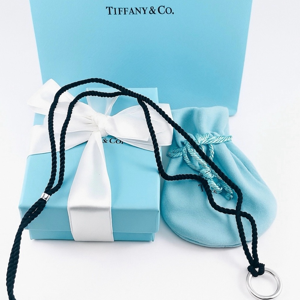 Tiffany & Co 30” Adj Black Silk Bolo Cord w/XL Sterling Silver Clasping Ring NEW